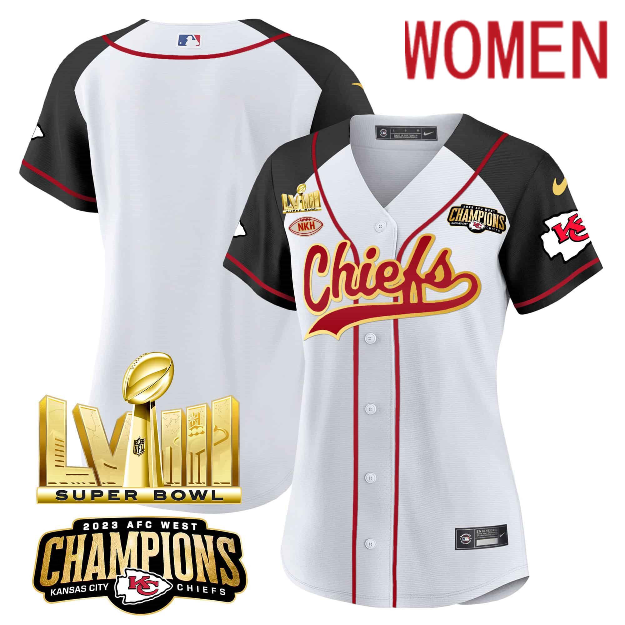 Women Kansas City Chiefs Blank White 2024 Nike Super Bowl LVIII Back 2 Back Gold Patch Baseball NFL Jersey style 1